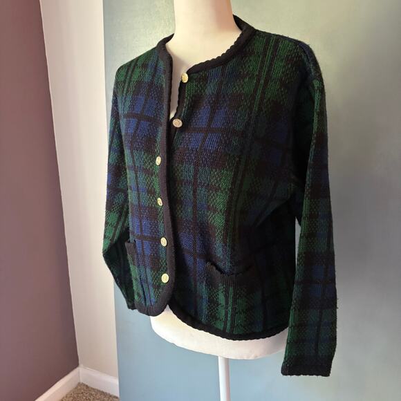 Vintage TALLY HO Women's Med Green Blue Plaid Tartan Wool Blend Cardigan Preppy - Picture 3 of 11